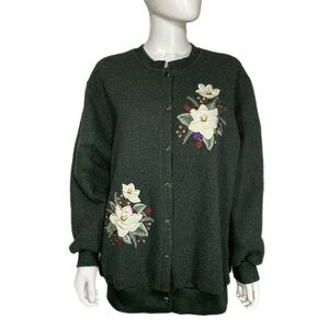 Bon Worth Vintage Embroidered Floral Green Button Down Front Cardigan